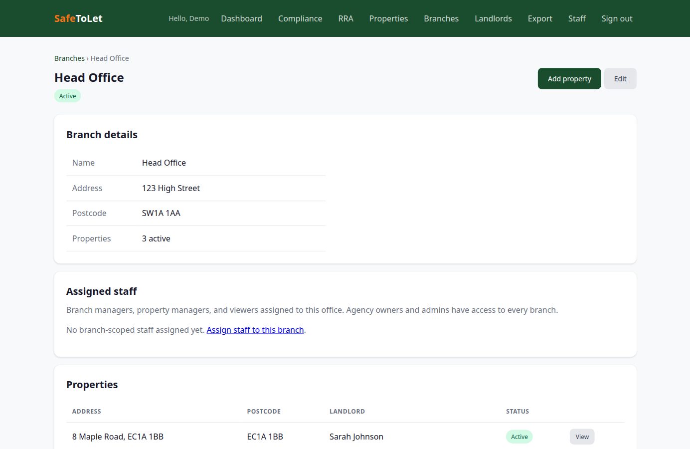Head Office branch page showing details, assigned staff, and properties in that office