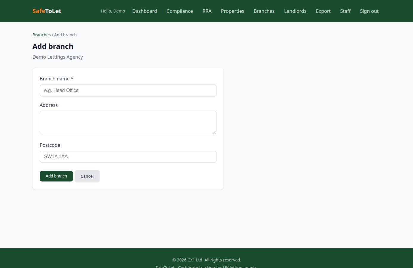 Add branch form with name, address, and UK postcode fields