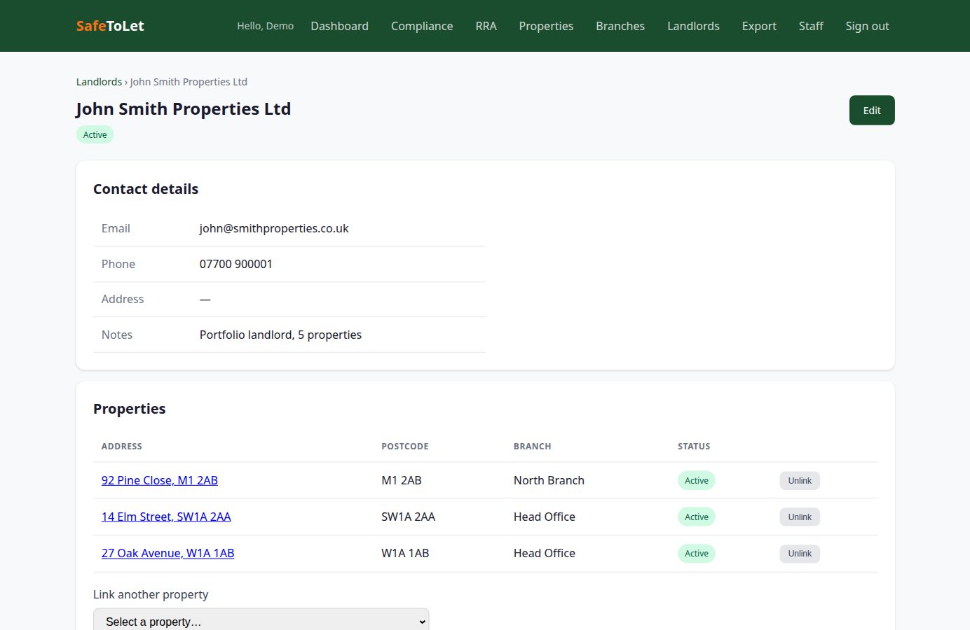 John Smith Properties landlord record showing email, phone, notes, and three linked properties with unlink actions