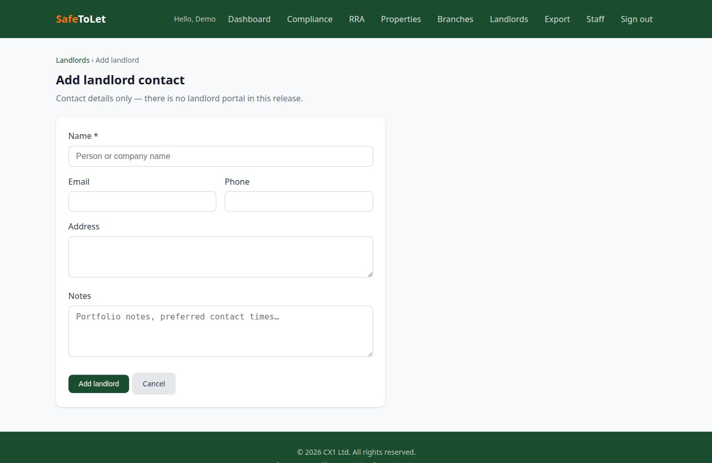 Add landlord contact form with name, email, phone, address, and notes