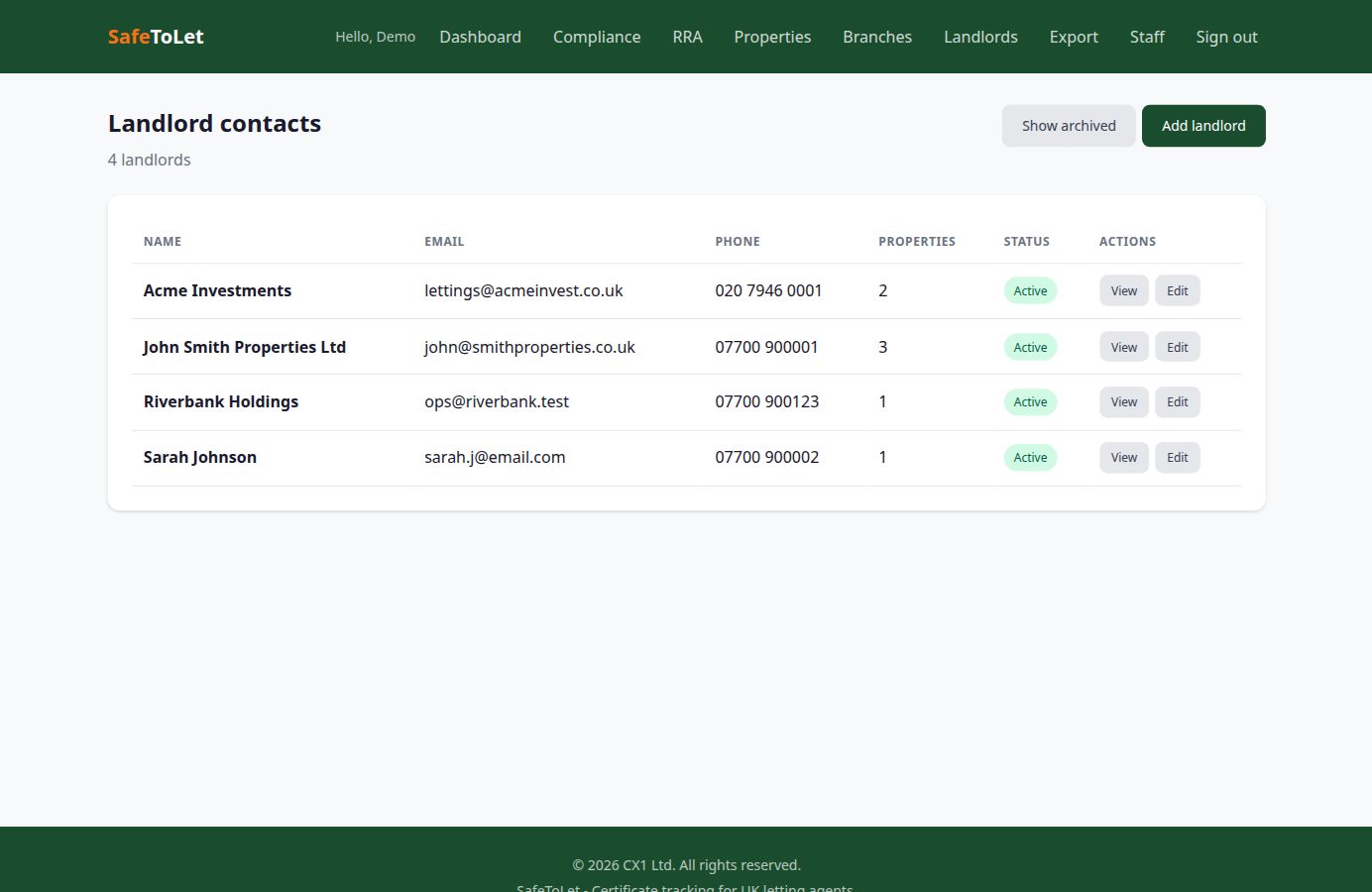 Landlord contacts list showing names, emails, phone numbers, and how many properties each landlord has