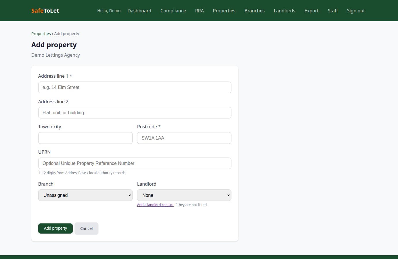 Add property form with address, postcode, UPRN, branch, and landlord fields