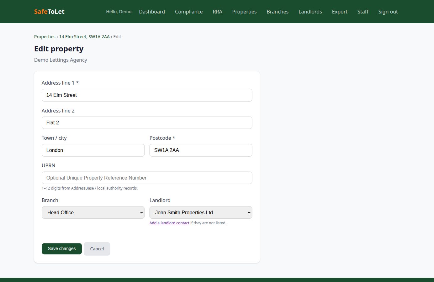 Edit property form populated with 14 Elm Street, London, Head Office branch, and John Smith Properties as landlord